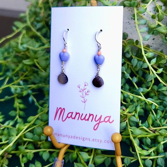 Heart Earrings with Semi-Precious Stones - Pink, Purple, Aqua, Blue - Picture 3 of 14